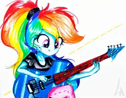 Size: 2445x1904 | Tagged: safe, artist:liaaqila, derpibooru import, rainbow dash, equestria girls, clothes, guitar, pants, practicing, simple background, smiling, solo, traditional art, white background