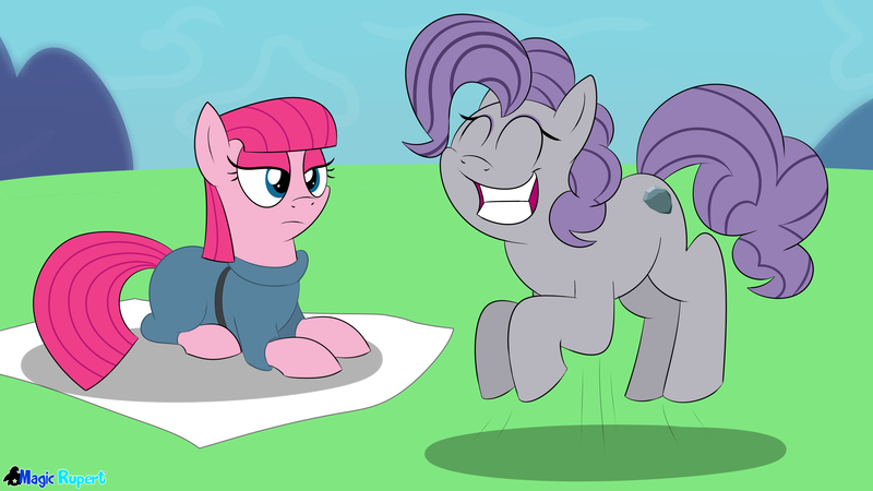 Size: 2560x1440 | Tagged: safe, artist:rupertbluefox, derpibooru import, maud pie, pinkie pie, earth pony, pony, series:30 dayz of pinks, alternate hairstyle, eyes closed, female, happy, mare, maudie pie, palette swap, personality swap, pinkamena diane pie, prone, pronking, recolor