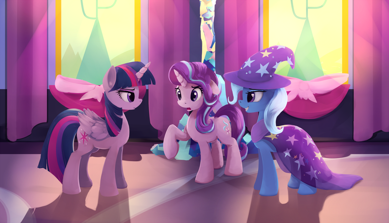 Size: 1980x1138 | Tagged: safe, artist:scootiebloom, derpibooru import, starlight glimmer, trixie, twilight sparkle, twilight sparkle (alicorn), alicorn, pony, unicorn, no second prances, counterparts, female, magical trio, mare, raised hoof, scene interpretation, twilight's counterparts