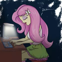 Size: 3543x3543 | Tagged: safe, artist:sumin6301, derpibooru import, fluttershy, equestria girls, clothes, computer, eyes closed, female, lamp, laptop computer, open mouth, sitting, skirt, sleeping, solo, tanktop, zzz