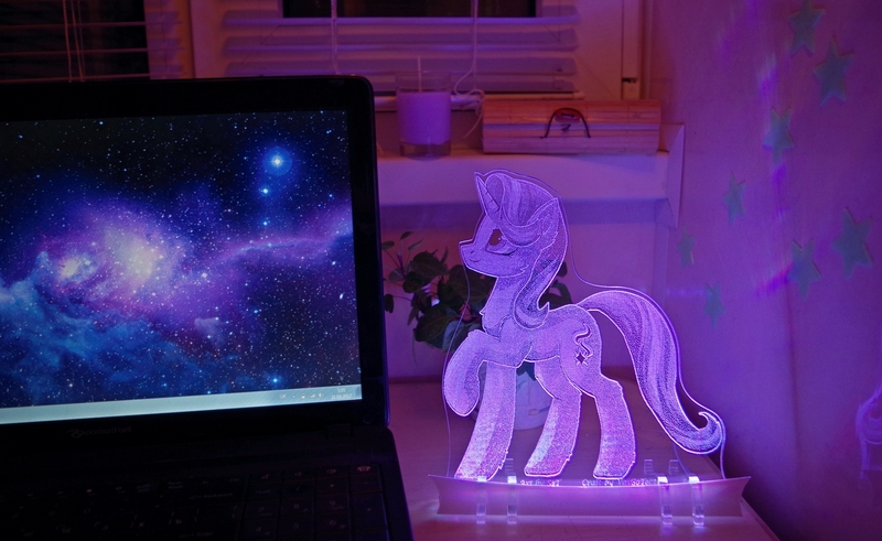 Size: 1920x1178 | Tagged: safe, artist:setharu, artist:vasgotec, derpibooru import, starlight glimmer, pony, unicorn, acrylic plastic, acrylight, computer, craft, engraving, etching, irl, laptop computer, led, nightlight, photo, solo, traditional art