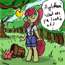 Size: 1205x1200 | Tagged: anthro, apple, apple bloom, applejack, artist:charlemage, artist:jimmyjamno1, bucket, clothes, derpibooru import, food, golden apple, offscreen character, orchard, overalls, safe, shirt, shocked, t-shirt, unguligrade anthro