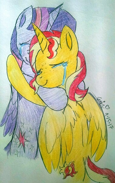 Size: 2432x3846 | Tagged: safe, artist:erenerakhard, derpibooru import, sunset shimmer, twilight sparkle, twilight sparkle (alicorn), alicorn, alicornified, crying, female, hug, lesbian, race swap, shimmercorn, shipping, sunsetsparkle, traditional art