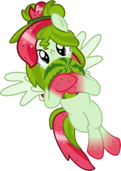 Size: 4000x5640 | Tagged: safe, artist:pilot231, derpibooru import, oc, oc:watermelana, unofficial characters only, pony, food, freckles, gradient hooves, hug, looking at you, on back, simple background, solo, transparent background, vector, watermelon