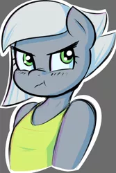 Size: 688x1031 | Tagged: safe, artist:funble, derpibooru import, limestone pie, anthro, earth pony, unguligrade anthro, bust, clothes, female, gray background, grumpy, limetsun pie, mare, nose wrinkle, scrunchy face, simple background, solo, tsundere