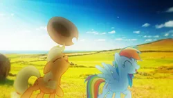 Size: 1920x1080 | Tagged: safe, artist:cloudbringerart, derpibooru import, applejack, rainbow dash, pony, backlighting, field, grass field, happy, hay bale, irl, photo, ponies in real life, wallpaper