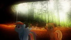 Size: 1920x1080 | Tagged: safe, artist:cloudbringerart, derpibooru import, applejack, rainbow dash, pony, female, forest, irl, photo, ponies in real life, wallpaper, waterfall