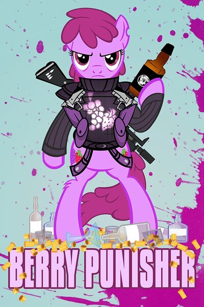 Size: 600x900 | Tagged: safe, alternate version, artist:pixelkitties, derpibooru import, berry punch, berryshine, earth pony, pony, bipedal, bottle, clothes, colored background, drink, female, gun, mare, movie poster, parody, punisher, rifle, solo, the punisher, weapon