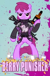 Size: 600x900 | Tagged: safe, alternate version, artist:pixelkitties, derpibooru import, berry punch, berryshine, earth pony, pony, bipedal, bottle, clothes, colored background, drink, female, gun, mare, movie poster, parody, punisher, rifle, solo, the punisher, weapon