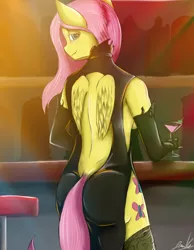 Size: 850x1096 | Tagged: alcohol, anthro, artist:thekrispiestkreme, ass, backless, bar, breasts, clothes, derpibooru import, dress, edit, editor:stasyan1902, evening gloves, female, flutterbutt, fluttershy, from behind, glass, gloves, latex, little black dress, long gloves, looking back, martini, side slit, solo, solo female, stockings, suggestive, thigh highs, underboob