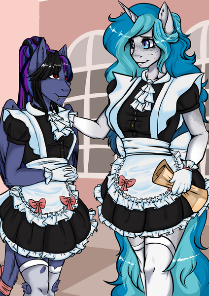 Size: 2480x3508 | Tagged: safe, artist:theecchiqueen, deleted from derpibooru, derpibooru import, oc, oc:bubble lee, oc:imago, oc:pandie, unofficial characters only, anthro, unicorn, anthro oc, apron, bow, clothes, dress, fangs, female, freckles, gloves, leonine tail, looking at each other, maid, maid headdress, mare, paper, red eyes, size difference, smiling, stockings, story in the source, story included, thigh highs, waitress