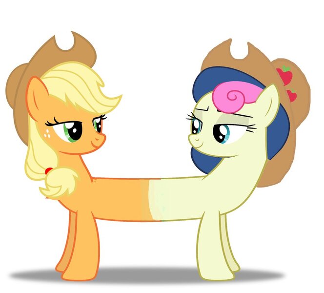 Size: 940x850 | Tagged: applebon, applejack, bedroom eyes, bon bon, conjoined, cowboy hat, derpibooru import, female, fusion, hat, lesbian, lidded eyes, looking at each other, love, lyra who?, multiple heads, pushmi-pullyu, safe, shipping, simple background, smiling, sweetie drops, together forever, two heads, white background