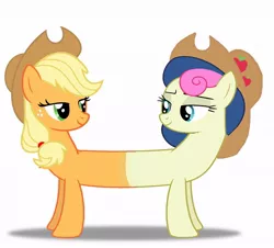 Size: 940x850 | Tagged: applebon, applejack, bedroom eyes, bon bon, conjoined, cowboy hat, derpibooru import, female, fusion, hat, lesbian, lidded eyes, looking at each other, love, lyra who?, multiple heads, pushmi-pullyu, safe, shipping, simple background, smiling, sweetie drops, together forever, two heads, white background