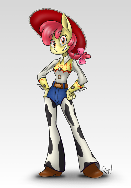 Size: 1080x1547 | Tagged: adorabloom, anthro, apple bloom, artist:quynzel, belt, boots, bow, braid, chaps, clothes, costume, cowboy boots, cowboy hat, cowgirl, cowgirl outfit, crossover, cute, derpibooru import, disney, hat, jeans, jessie (toy story), looking at you, pants, pixar, safe, shoes, smiling, solo, stetson, toy story