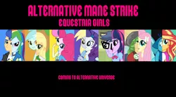 Size: 2968x1636 | Tagged: artist needed, safe, artist:marrabo, derpibooru import, applejack, aquamarine, bon bon, derpy hooves, flash sentry, fluttershy, lyra heartstrings, microchips, pinkie pie, rainbow dash, rarity, sandalwood, sunset shimmer, sweetie drops, twilight sparkle, equestria girls, alternate universe, alternative mane strike, aquamarine (steven universe), one of these things is not like the others, poster, steven universe, wallpaper