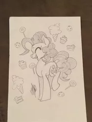 Size: 720x960 | Tagged: artist:ivory crescent, cake, candy, cookie, cotton candy, cupcake, derpibooru import, food, lollipop, monochrome, pinkie pie, safe, sketch, smiling, solo, traditional art