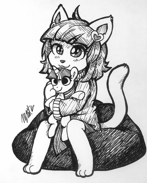 Size: 1640x2048 | Tagged: artist:ivory crescent, cat ears, clothes, cushion, derpibooru import, furry, glowing eyes, grayscale, monochrome, oc, plushie, safe, simple background, smiling, solo, sweater, traditional art, twilight sparkle, white background