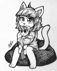 Size: 1640x2048 | Tagged: artist:ivory crescent, cat ears, clothes, cushion, derpibooru import, furry, glowing eyes, grayscale, monochrome, oc, plushie, safe, simple background, smiling, solo, sweater, traditional art, twilight sparkle, white background