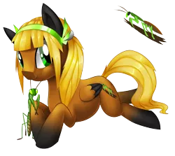 Size: 2000x1784 | Tagged: safe, artist:alanymph, derpibooru import, oc, oc:willow nymph, unofficial characters only, mantis, pegasus, pony, female, mare, prone, simple background, solo, transparent background