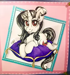 Size: 905x959 | Tagged: safe, artist:ivory crescent, derpibooru import, oc, oc:ivory crescent, unofficial characters only, unicorn, chest fluff, cushion, ear fluff, lying down, solo, traditional art