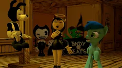 Size: 1920x1080 | Tagged: 3d, alice angel, artist:aniloonys, bendy, bendy and the ink machine, boris the wolf, derpibooru import, oc, one eye closed, safe, singing, source filmmaker, wink