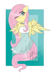 Size: 1024x1430 | Tagged: anthro, artist:crystal890, blushing, choker, clothes, cutie mark, derpibooru import, dress, female, fluttershy, looking at you, mare, pegasus, safe, simple background, solo