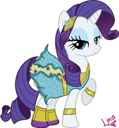 Size: 1024x1103 | Tagged: safe, artist:linacloud23, derpibooru import, rarity, ponified, pony, unicorn, dance magic, spoiler:eqg specials, clothes, dress, equestria girls ponified, female, mare, raised hoof, signature, simple background, solo, transparent background