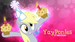 Size: 1920x1080 | Tagged: safe, artist:floppychiptunes, derpibooru import, derpy hooves, pony, anniversary, candle, food, hat, muffin, party hat, party horn, solo, wallpaper, yayponies