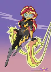 Size: 600x847 | Tagged: safe, artist:art-2u, derpibooru import, sunset shimmer, equestria girls, bedroom eyes, equestrian city, fiery shimmer, fire, grin, lidded eyes, sexy, smiling, smirk, solo, superhero, watermark, wide hips