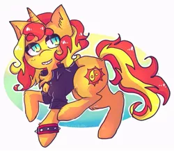 Size: 885x768 | Tagged: safe, artist:jackytheripperart, derpibooru import, sunset shimmer, pony, unicorn, clothes, female, mare, simple background, smiling, solo