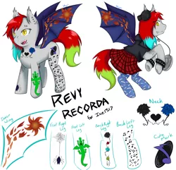 Size: 5180x5000 | Tagged: safe, artist:vnagato, derpibooru import, oc, oc:revy recorda, unofficial characters only, bat pony, absurd resolution, clothes, cute, digital, digital art, fangs, female, headphones, jacket, leather jacket, mare, plaid, reference sheet, request, simple background, skirt, skirt lift, solo, tattoo, white background