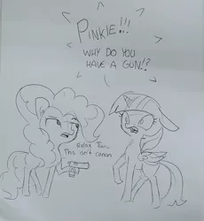Size: 1214x1321 | Tagged: safe, artist:tjpones, derpibooru import, pinkie pie, twilight sparkle, twilight sparkle (alicorn), alicorn, earth pony, pony, black and white, breaking the fourth wall, dialogue, duct tape, duo, ear fluff, floppy ears, grayscale, gun, lineart, monochrome, non canon, pun, shocked, traditional art, weapon