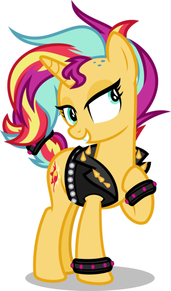 Size: 4000x6803 | Tagged: safe, artist:orin331, derpibooru import, sunset shimmer, pony, unicorn, absurd resolution, alternate hairstyle, bracelet, clothes, female, jacket, jewelry, leather jacket, mare, multicolored hair, punk, raised hoof, simple background, solo, spiked wristband, spikes, sunset shimmer day, transparent background, wristband