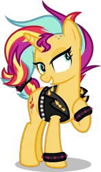 Size: 4000x6803 | Tagged: safe, artist:orin331, derpibooru import, sunset shimmer, pony, unicorn, absurd resolution, alternate hairstyle, bracelet, clothes, female, jacket, jewelry, leather jacket, mare, multicolored hair, punk, raised hoof, simple background, solo, spiked wristband, spikes, sunset shimmer day, transparent background, wristband