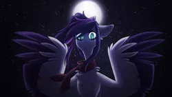 Size: 3000x1687 | Tagged: safe, artist:diaxmineowo, derpibooru import, oc, unofficial characters only, pegasus, pony, angry, chest fluff, clothes, ear fluff, female, frown, looking at you, mare, moon, night, outdoors, scarf, sky, solo, spread wings, stars, wing fluff, wings