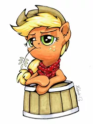 Size: 1024x1365 | Tagged: safe, artist:helmie-art, derpibooru import, applejack, earth pony, pony, bucket, bust, cowboy hat, female, freckles, hat, haystick, mare, portrait, signature, simple background, solo, stetson, straw in mouth, white background