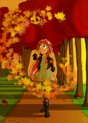 Size: 1600x2246 | Tagged: safe, artist:papyjr13, derpibooru import, sunset shimmer, equestria girls, autumn, autumn leaves, boots, equinox, fall equinox, female, high heel boots, leaves, shoes, smiling, solo, sunset shimmer day, tree