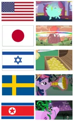 Size: 916x1500 | Tagged: safe, derpibooru import, edit, edited screencap, screencap, applejack, mane-iac, twilight sparkle, twilight sparkle (alicorn), whoa nelly, alicorn, pony, american flag, atomic bomb, atomic rainboom, bits, countries, explosion, fat, flag, flashback potion, image macro, israel, japan, meme, north korea, north korean flag, nuclear weapon, rainbow nuke, stereotype, sweden, united states, we are going to hell, weapon