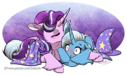 Size: 1024x614 | Tagged: safe, artist:inuhoshi-to-darkpen, derpibooru import, starlight glimmer, trixie, pony, unicorn, blushing, cape, clothes, cuddling, eyes closed, female, hat, lesbian, mare, nuzzling, shipping, simple background, startrix, transparent background, trixie's cape, trixie's hat, unshorn fetlocks