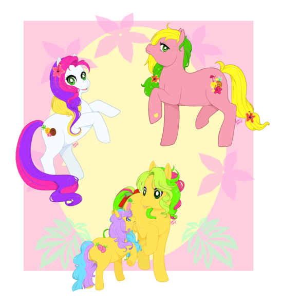 Size: 1600x1749 | Tagged: artist:reachfarhigh, baby pineapple, derpibooru import, g1, g3, g3betes, paradise island, pineapple paradise, safe, tootie tails, tropical ponies