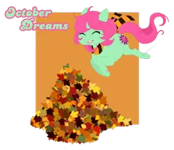 Size: 1600x1382 | Tagged: artist:reachfarhigh, clothes, derpibooru import, g3, g3betes, jumping in leaves, leaf pile, october dreams, safe, scarf, solo, text