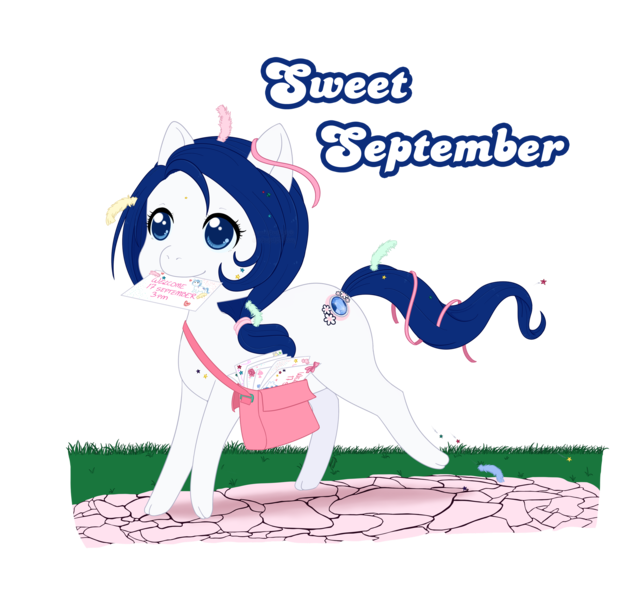 Size: 2330x2198 | Tagged: artist:reachfarhigh, confetti, derpibooru import, g3, g3betes, letter, messenger bag, ponytail, safe, solo, sweet september, text