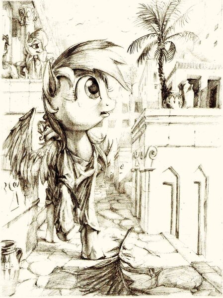 Size: 1024x1368 | Tagged: safe, artist:lordgood, derpibooru import, rainbow dash, pegasus, pony, background pony, carthage, city, clothes, looking up, monochrome, palm tree, raised hoof, solo focus, toga, traditional art, tree, wings