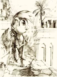 Size: 1024x1368 | Tagged: safe, artist:lordgood, derpibooru import, rainbow dash, pegasus, pony, background pony, carthage, city, clothes, looking up, monochrome, palm tree, raised hoof, solo focus, toga, traditional art, tree, wings