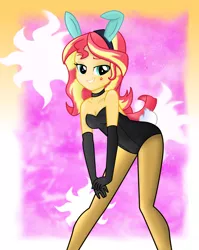 Size: 2700x3392 | Tagged: suggestive, artist:remcmaximus, derpibooru import, sunset shimmer, equestria girls, breasts, bunny ears, bunny suit, choker, cleavage, clothes, costume, dangerous mission outfit, evening gloves, female, gloves, goggles, leotard, long gloves, pantyhose, sexy, skinny, smiling, solo, solo female, sunset shimmer day