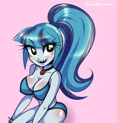 Size: 1280x1343 | Tagged: suggestive, artist:rileyav, derpibooru import, edit, sonata dusk, equestria girls, rainbow rocks, bikini, boob blush, breasts, busty sonata dusk, cleavage, clothes, erect nipples, female, gem, nipple outline, shark teeth, sharp teeth, siren gem, solo, swimsuit, teeth