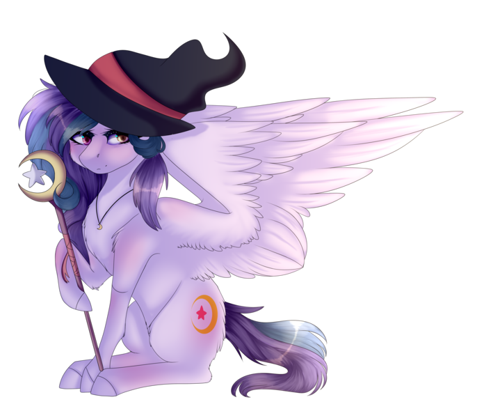 Size: 4000x3500 | Tagged: safe, artist:crazllana, derpibooru import, oc, oc:shylu, unofficial characters only, pegasus, pony, female, hat, high res, mare, simple background, sitting, solo, staff, transparent background, witch, witch hat