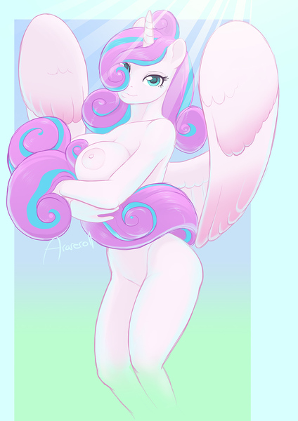 Size: 1018x1440 | Tagged: questionable, artist:arareroll, derpibooru import, princess flurry heart, alicorn, anthro, areola, beautiful, big breasts, breasts, busty flurry heart, female, image, jpeg, mare, nipples, nudity, older, older flurry heart, solo, solo female