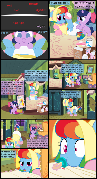 Size: 6000x11000 | Tagged: questionable, artist:evilfrenzy, derpibooru import, rainbow dash, oc, oc:twinkle star, comic:dolly dash, absurd resolution, adult foal, blanket, bonnet, booties, clothes, comic, diaper, diaper fetish, dress, female, fetish, filly, floppy ears, forced makeover, forced pacifier, levitation, magic, misspelling, pacifier, poofy diaper, pram, rainbow dash always dresses in style, sweat, sweatdrops, telekinesis, tongue out