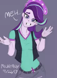 Size: 1400x1920 | Tagged: safe, artist:milkitalix, derpibooru import, starlight glimmer, equestria girls, beanie, clothes, dialogue, female, gray background, hat, meh, shrug, simple background, solo, vest